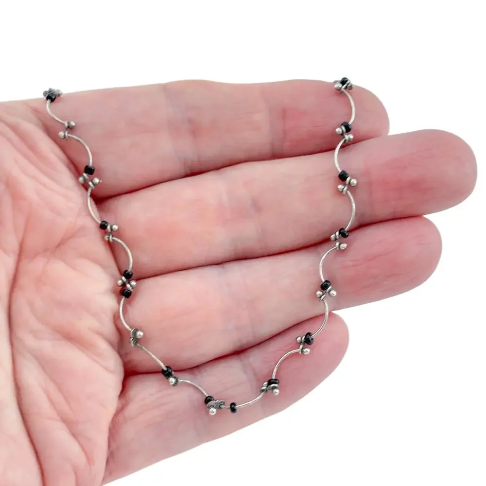 Vintage Sterling Silver 925 Onyx Bar Station Necklace 14.5